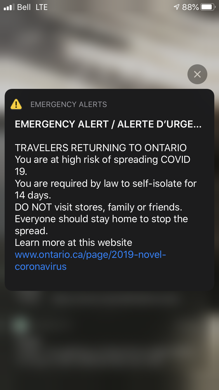 Emergency Alert sent to Ontarians warning travellers to go straight home